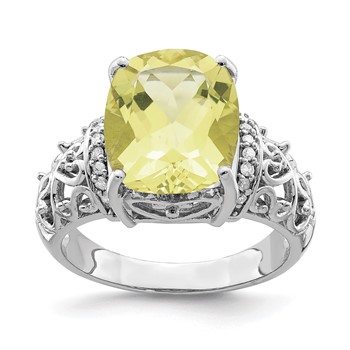 Sterling Silver Rhodium Diam. & Checker-Cut Lemon Quartz Ring