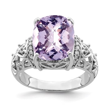 Sterling Silver Rhodium Diam. & Checker-Cut Pink Quartz Ring
