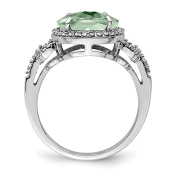 Sterling Silver Rhodium Oval Diam. & Checker-Cut Green Quartz Ring — alternate view