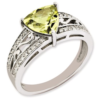 Sterling Silver Rhodium-plated Diamond & Lemon Quartz Ring