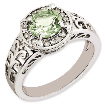 Sterling Silver Rhodium-plated Diamond & Green Quartz Ring