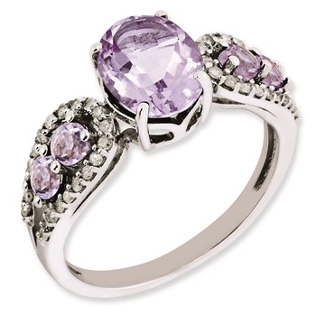 Sterling Silver Rhodium-plated Diamond & Oval Pink Quartz Ring