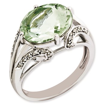 Sterling Silver Rhodium-plated Oval Diamond & Green Quartz Ring