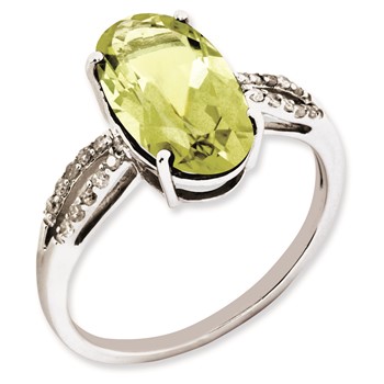 Sterling Silver Rhodium-plated Oval Diamond & Lemon Quartz Ring