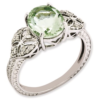 Sterling Silver Rhodium-plated Oval Diamond & Green Quartz Ring