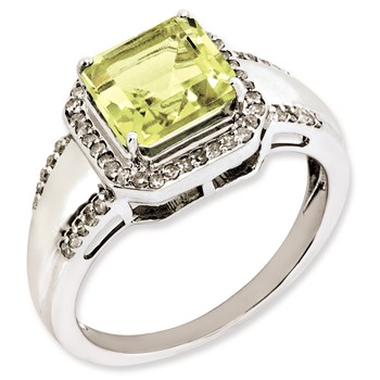 Sterling Silver Rhodium-plated Square Diamond & Lemon Quartz Ring