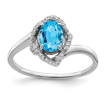 Sterling Silver Rhodium Oval Blue Topaz & Diam. Ring