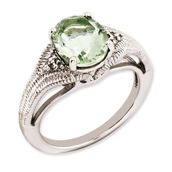 Sterling Silver Rhodium-plated Oval Green Quartz & Diamond Ring
