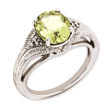 Sterling Silver Rhodium-plated Oval Lemon Quartz & Diamond Ring