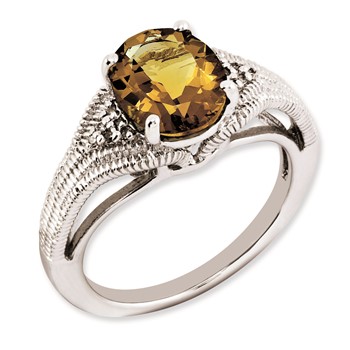 Sterling Silver Rhodium-plated Oval Whiskey Quartz & Diamond Ring