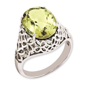 Sterling Silver Rhodium-plated Oval Checker-Cut Lemon Quartz Ring