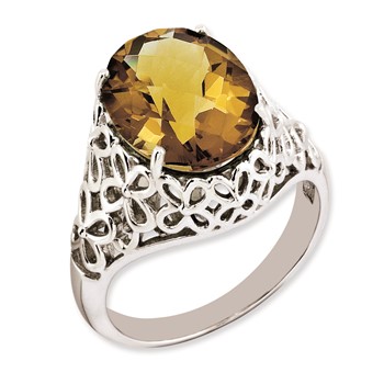 Sterling Silver Rhodium-plated Oval Checker-Cut Whiskey Quartz Ring