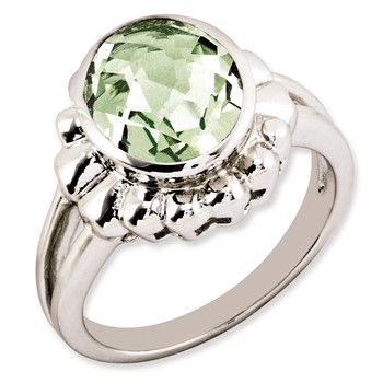Sterling Silver Rhodium-plated Oval Checker-Cut Green Quartz Ring