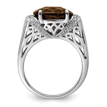 Sterling Silver Rhodium Checker-Cut Smoky Quartz & Diam. Ring — alternate view