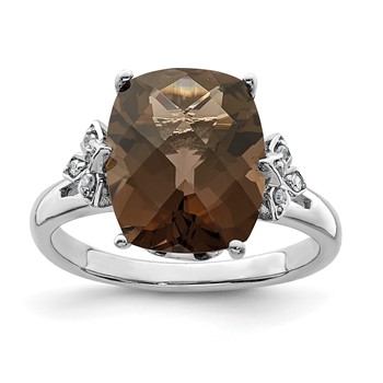 Sterling Silver Rhodium Checker-Cut Smoky Quartz & Diam. Ring