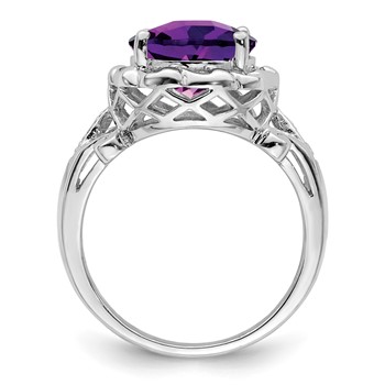 Sterling Silver Rhodium Oval Checker-Cut Amethyst & Diamond Ring — alternate view