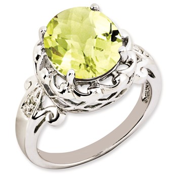 Sterling Silver RH-plated Oval Checker-Cut Lemon Quartz & Diamond Ring
