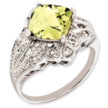 Sterling Silver Rhodium-plated Checker-Cut Lemon Quartz & Diamond Ring