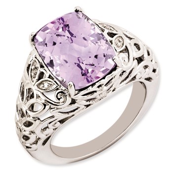 Sterling Silver Rhodium-plated Pink Quartz & Diamond Ring