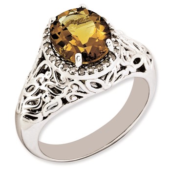 Sterling Silver Rhodium-plated Oval Whiskey Quartz & Diamond Ring