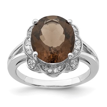 Sterling Silver Rhodium Oval Smoky Quartz & Diam. Ring