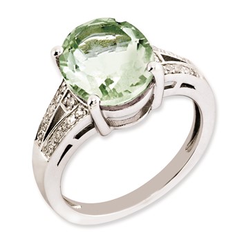 Sterling Silver Rhodium-plated Oval Green Quartz & Diamond Ring