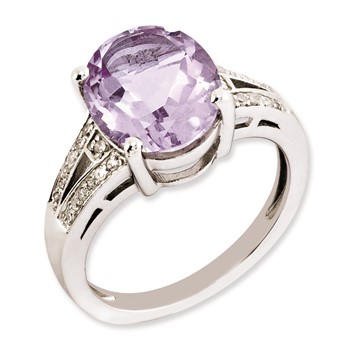 Sterling Silver Rhodium-plated Oval Pink Quartz & Diamond Ring
