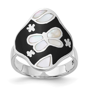 Sterling Silver Mother of Pearl & Simulated Stone Floral Butterfly Ring