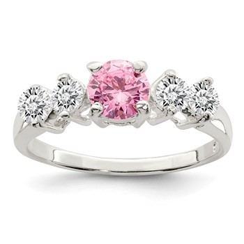 Sterling Silver Pink Round CZ with Side Stones Ring