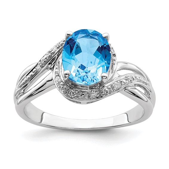 Sterling Silver Diamond & Light Swiss Blue Topaz Oval Ring Sterling Silver Diamond & Light Swiss Blue Topaz Oval Ring