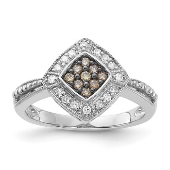 Sterling Silver Champagne & Clear Diamond & Small Diamond Shape Ring