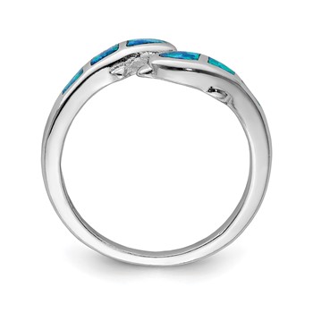 Sterling Silver Rhodium-plated Created Blue Opal Dolphins Ring — alternate view