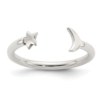 Sterling Silver Polished Half Moon and Star Adjustable Ring