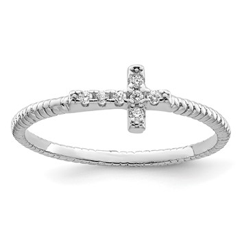 Sterling Silver Rhodium-plated Polished & Textured CZ Cross Ring