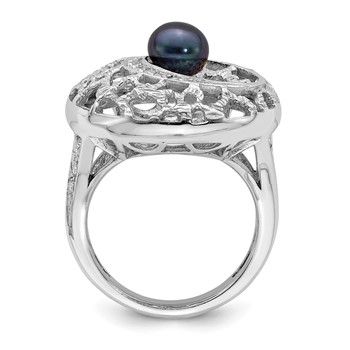 Sterling Silver Rhodium-plated Filigree Pattern CZ Accented Black Freshwater Cultured Pearl Round Ring — alternate view