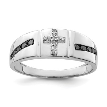 Sterling Silver Rhodium Plated Black and White Diam. Cross Men's Ring