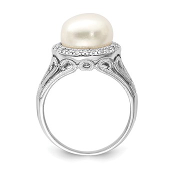 Sterling Silver Rhodium-plated 10-11mm White Button Freshwater Cultured Pearl and CZ Ring — alternate view