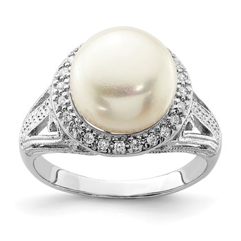 Sterling Silver Rhodium-plated 10-11mm White Button Freshwater Cultured Pearl and CZ Ring