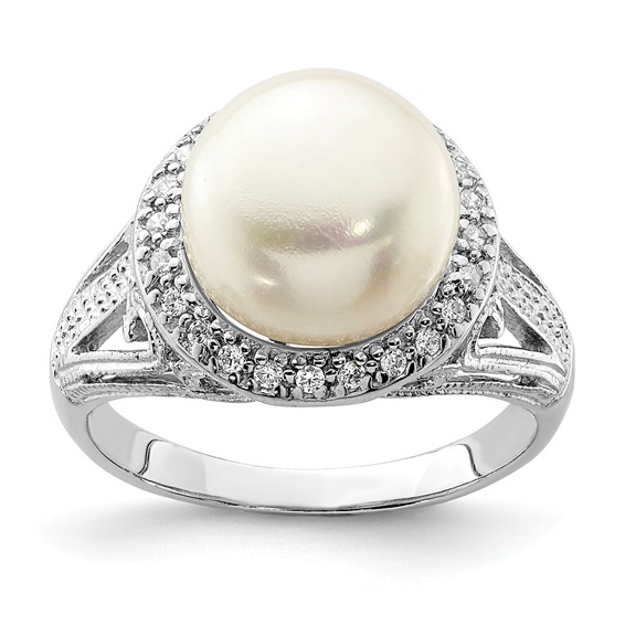 Sterling Silver Rhodium-plated 10-11mm White FWC Pearl and CZ Ring