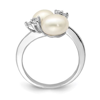 Sterling Silver Rhodium-plated 8-9mm White Button Freshwater Cultured Pearl and CZ Ring — alternate view
