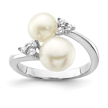 Sterling Silver Rhodium-plated 8-9mm White Button Freshwater Cultured Pearl and CZ Ring