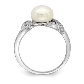 Sterling Silver Rhodium-plated 8-9mm White Button Freshwater Cultured Pearl and CZ Ring — alternate view
