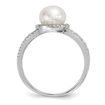 Sterling Silver Rhodium-plated 7-8mm White Button Freshwater Cultured Pearl and CZ Ring — alternate view