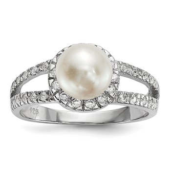 Sterling Silver Rhodium-plated 7-8mm White Button Freshwater Cultured Pearl and CZ Ring