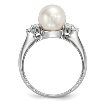 Sterling Silver Rhodium-plated 8-9mm White Button Freshwater Cultured Pearl and CZ Ring — alternate view