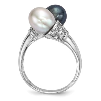 Sterling Silver Rhodium-plated 7-8mm Black and Grey Rice Freshwater Cultured Pearl and CZ Ring — alternate view