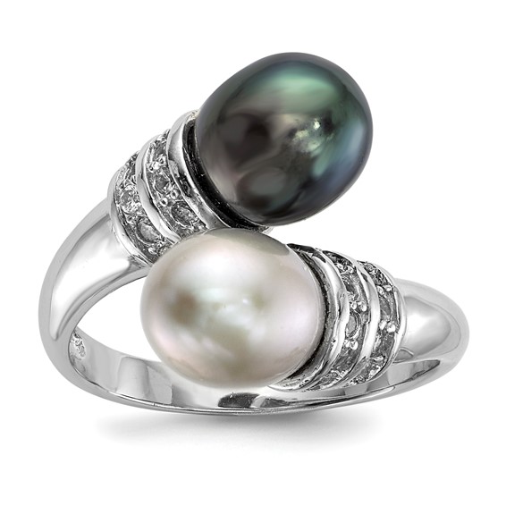 Sterling Silver RH 7-8mm Black/Grey Rice FWC Pearl CZ Ring 