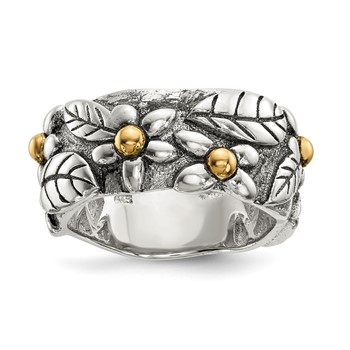 Sterling Silver with 14k Antiqued Leaves and Flowers Band