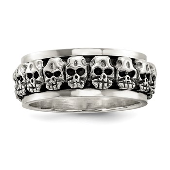 Sterling Silver Polished Spinning Center Antiqued Skull Ring