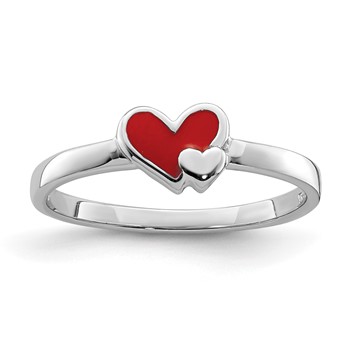 Sterling Silver RH-plated Red Enameled Double Heart Children's Ring